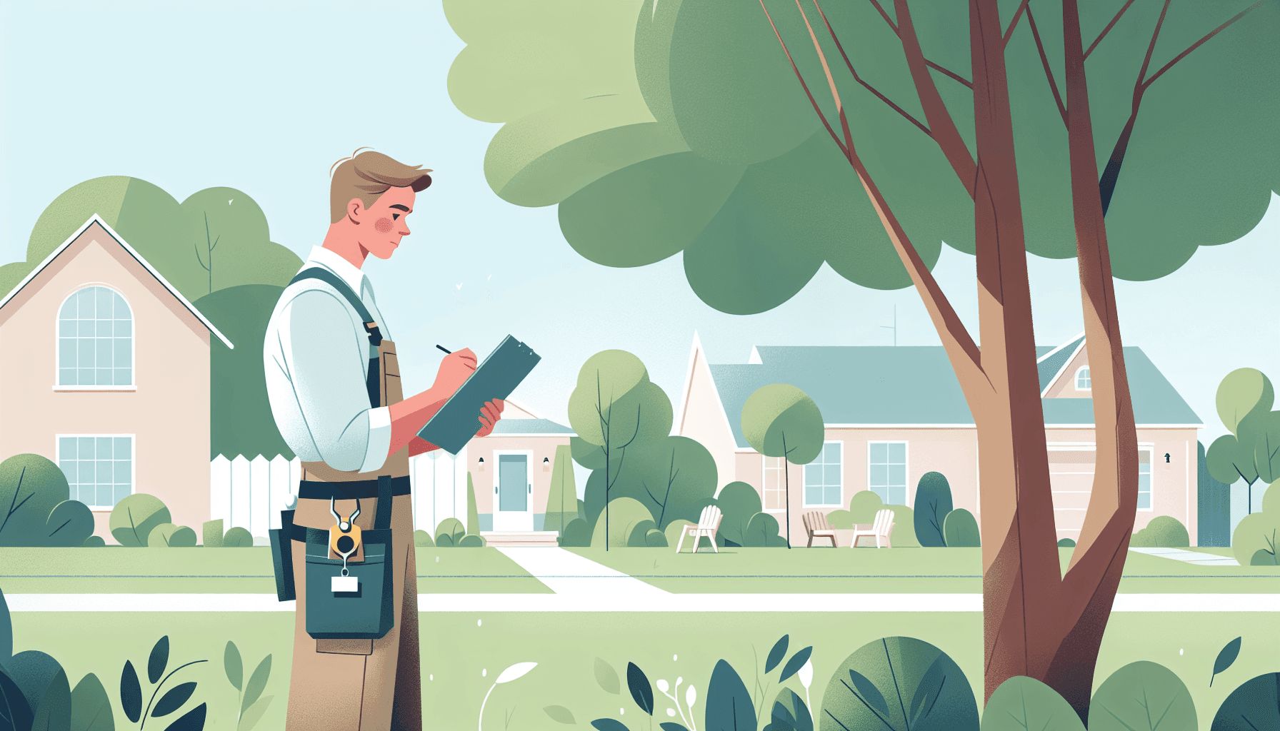 Certified arborist examining a tree with a clipboard