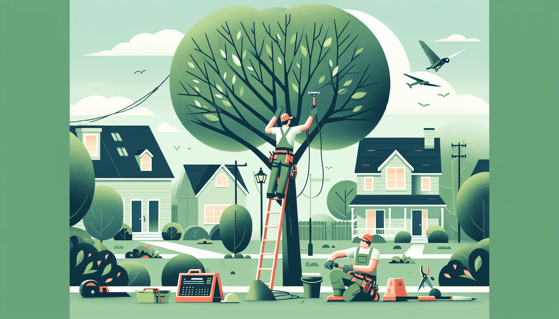 Arborist pruning a healthy tree in a backyard